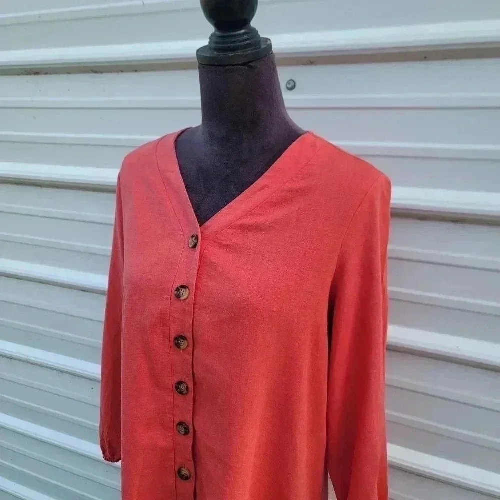 Chelsea & Theodore Dress PL Petite Women's Red Linen Blend Button Front Long Sle